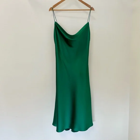 slim fit dress slacks Dark Pine Satin Sleeveless Midi Slip Dress